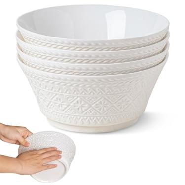 Imagem de Yeacccng Conjunto de 4 tigelas de sopa profundas de cereais grandes de 1,644 g, tigela de sopa grande para cozinha, tigelas decorativas com relevo de 20 cm, seguras para lava-louças e micro-ondas