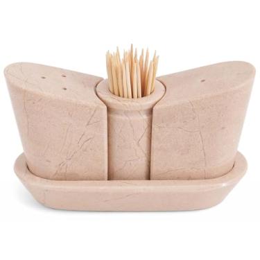 Imagem de Conjunto de saleiro e pimenteiro de mármore Verona de 6 cm e suporte de palito de dente, saleiro ideal para cozinha, conjunto de sal e pimenta com bandeja, recipiente de sal, suporte de sal de mármore