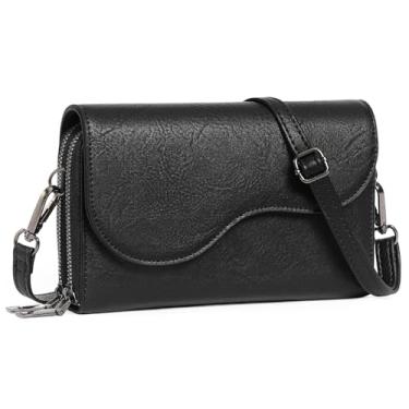 Imagem de GOIACII Bolsa transversal feminina com aba para celular, bolsa de ombro de couro vegano, carteira vintage com alça de poliuretano, Preto