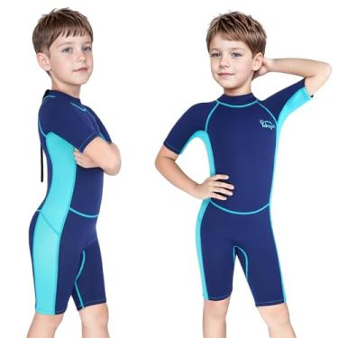 Imagem de Yikayin Roupa de mergulho infantil, roupa de mergulho curta de 2,5 mm para meninos e meninas, maiô térmico de neoprene UV com zíper nas costas para aulas de natação, mergulho, surfe, snorkeling