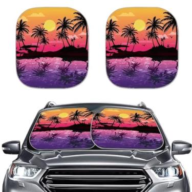 Imagem de Coldinair Sombra de para-brisa frontal pôr do sol, 2 peças, para-sol para para-brisa de carro, acessórios de carro dobráveis para caminhão, SUV, protetor de viseira solar, palmeira tropical na praia,