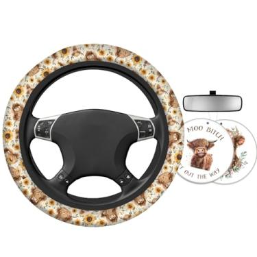 Imagem de Capa de volante Highland Cow & Highland Cattle com 2 ambientadores de carro, instalação rápida e aderência confortável para carros e SUVs