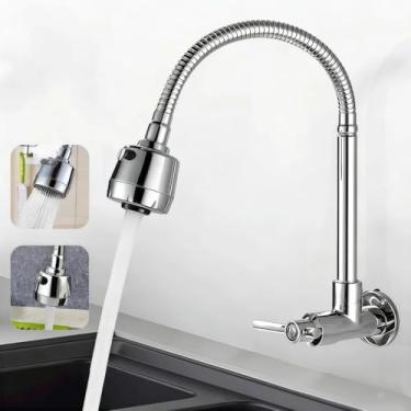 Imagem de Torneira de Inox com Chuveiro, Rotação 360°, Instalação em Parede, para Cozinha