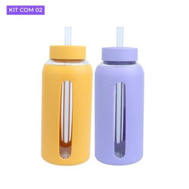 Imagem de Kit com 2 Garrafa de Vidro 800ml Com Alça Garrafinha de Água Portátil 