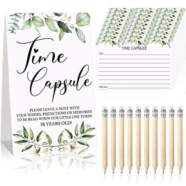 Imagem de 61 peças de jogos de chá de bebê incluem placa de cápsula do tempo e 50 cartões de mensagem de cápsula do tempo e cartões de desejo, cartão de aniversário com 10 lápis para suprimentos de festa de chá de bebê