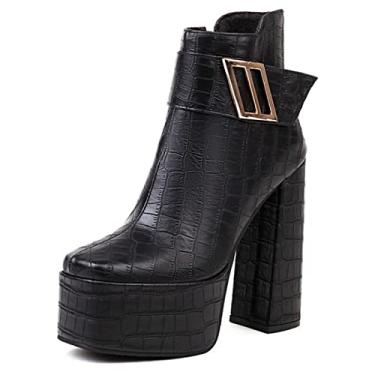 Imagem de Plataforma feminina Chelsea Mid Booties Chunky Block Gótico Square Toe Motocicleta de Salto Alto com Corrente,Black,10 UK/43 EU