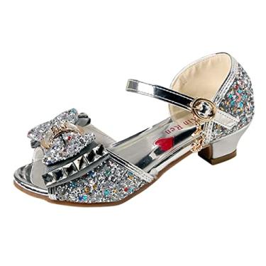 Imagem de Sandálias para meninas sapatos de princesa boca de peixe aberta sapatos de flor oca sapatos sandálias sola macia (prata, 6-7 anos)