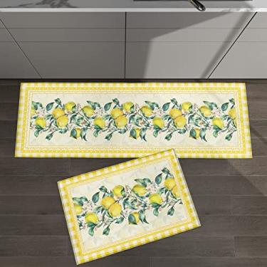 Imagem de Conjunto de 2 tapetes de cozinha verde limão folhas verão frutas amarelo búfalo xadrez fazenda para tapetes e tapetes acolchoados antiderrapante corredor confortável tapete de pé