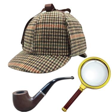 Imagem de iovgm Chapéu Deerstalker / chapéu de detetive + lupa de 100 mm + tubo de madeira maciça, fantasias de cosplay para mulheres, homens e crianças, Conjunto de treliça, G