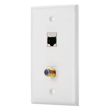 Imagem de LULOSK 1 porta blindada Cat 6 Ethernet e 1 porta de TV a cabo coaxial F tipo F placa de parede fêmea para fêmea em branco