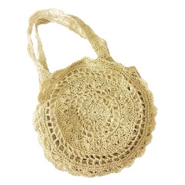 Imagem de GK-O Bolsa feminina de palha redonda, crochê, vime, vime, boho, praia, verão, Bege, Medium