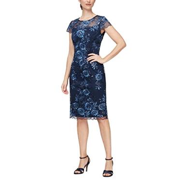 Imagem de Alex Evenings Vestido feminino curto com bordado floral na altura do joelho, Azul marinho em dois tons, 48