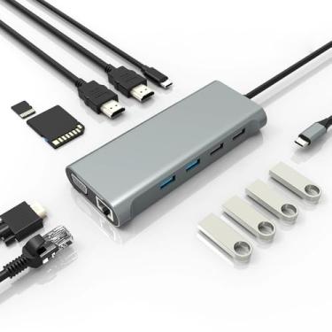 Imagem de Estação de ancoragem USB C 11 em 1 com HDMI, SD/TF, USB 2.0, USB 3.0, VGA, portas Ethernet RJ45 + + PD de 100 W, tela tripla ou monitor duplo com 2 HDMI + VGA, para laptop
