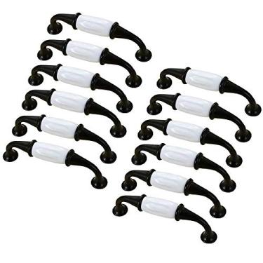 Imagem de Puxador de gaveta de 12 peças de liga de zinco puxador de armário de cozinha de cerâmica branca para porta de móveis puxadores pretos (distância do buraco preto 96 mm/3,78)
