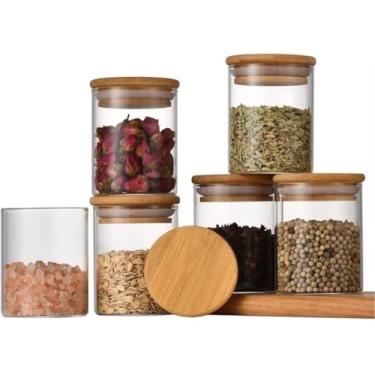 Imagem de Kit 06 Potes de Vidros c/Tampa de Bambu Herméticos 200ml Premium