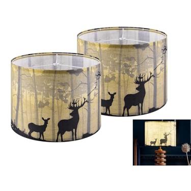 Imagem de GOSO Conjunto de 2 persianas padrão animal tambor médio - linho natural sika veado sombra para candeeiros de mesa - 33 cm superior x 33 pol. inferior x 25 cm altura (aranha) sombra rústica DIY