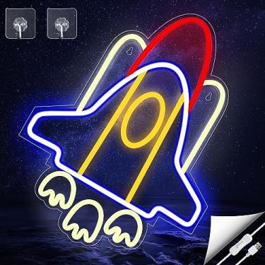 Imagem de Arrinew Letreiros De Neon Com Foguetes, Luminárias Foguete, Decoração Quarto Luz Led Nave Espacial Grande, Letreiro, Luminária Em Formato Avião, Temática Do Universo, Para Parede, Meninos E Meninas