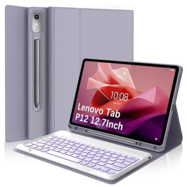 Imagem de WINCHKING Capa com teclado retroiluminado para Lenovo Tab P12 12,7 polegadas 2023, retroiluminação de 7 cores, capa removível para teclado sem fio com suporte de caneta para tablet Lenovo TB-370FU
