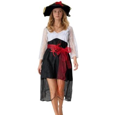 Imagem de Kasjuante Fantasia de pirata para mulheres do festival renascentista com acessórios, fantasia de cosplay de Halloween para adultos, Branco e preto, Tamanho Único