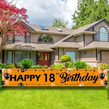 Imagem de Placa de faixa de feliz aniversário de 18 anos - Grande decoração de festa de jardim ao ar livre, 24 x 4 m, pano de fundo laranja e preto para homens e mulheres.