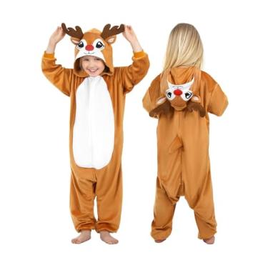 Imagem de ROC PARTY Fantasia de animal com capuz para crianças de 4 a 12 anos - Roupa unissex para fantasia de Halloween e cosplay para meninos e meninas (rena, 8 a 10 anos)