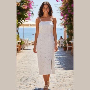 Imagem de Vestido Midi Reto Feminino em Laise Malwee, G, Branco