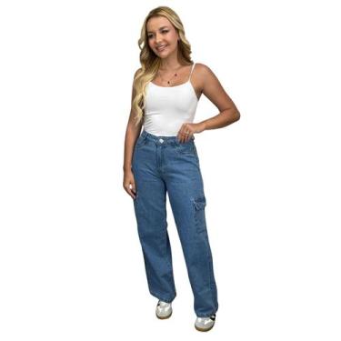 Imagem de Calça Wide Leg Cargo Feminina de Algodão Com 4 Bolsos Casual Stretch -