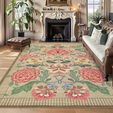 Imagem de GarveeHome Tapete floral botânico lavável 20 x 25 cm para sala de estar macio camelo marrom marrom vintage boho chalé grande tapete de pilha baixa para quarto, sala de jantar, berçário