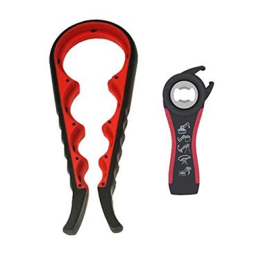 Imagem de Abridor de garrafa de cerveja multifuncional 5 em 1, abridor de lata 5 em 1, abridor manual de frascos para mulheres idosas, mãos pequenas, artrite, 2 peças (preto + vermelho)