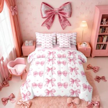 Imagem de Erosebridal Conjunto de edredom de 7 peças com laço rosa e laço completo em uma bolsa para crianças, meninas, nó de borboleta, conjunto de cama kawaii, coquete, decoração de quarto