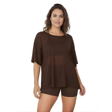 Imagem de Blusao Tule Feminina Manga Curta Fitness Academia Marrom-Feminino