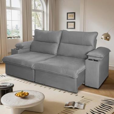 Imagem de Sofá Retrátil Tesla 3,10m Usb E Porta Copo Suede Cinza