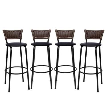 Imagem de Kit 4 Banco Banqueta Alta Encosto Junco Argila Aço Bar Balcão Gourmet 