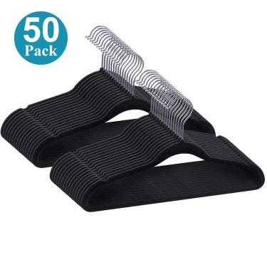 Imagem de Cabide de Veludo Ultra Fino Antideslizante Preto - Caixa c/ 50 Cabides