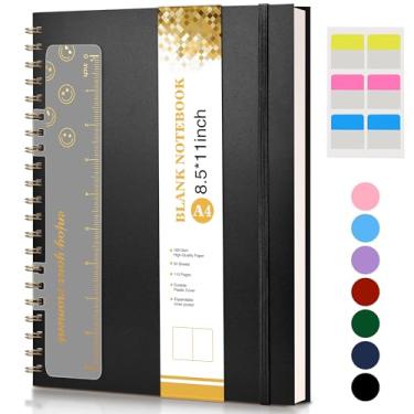 Imagem de Caderno espiral em branco 22 x 28 cm, grande, A4, para mulheres e homens, papel 100 g/m², capa dura em plástico, caderno para desenho, esboço, rascunho, trabalho, escola e anotações, preto