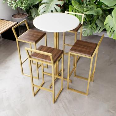Imagem de Jogo Mesa Alta Bistrô Redonda Branca 4 Banquetas Imbuia Confort Industrial Dourado