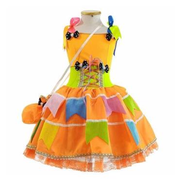 Imagem de Vestido Festa Junina Infantil Laranja com Bandeirinhas e Bolsa - Fanta