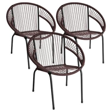 Imagem de Kit 3 Cadeira De Área Eclipse Tramado Fibra Sintética E Aço Tabaco