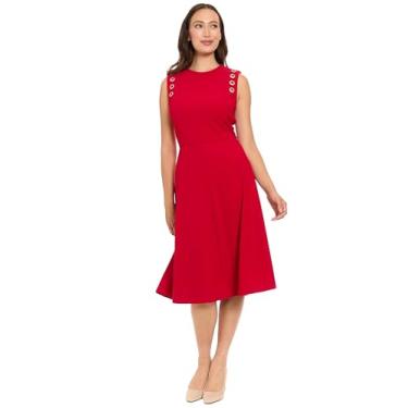 Imagem de London Times Vestido midi feminino chique vermelho sem mangas com detalhes de ilhós para convidados de casamento e festas de fim de ano, Rubi barroco, 46