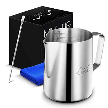 Imagem de Jarro de espuma de leite de aço inoxidável, 20oz/600ml leite café cappuccino latte arte espumando jarro barista leite jarro copo, medidas em ambos os lados dentro decoração arte caneta & pano de microfibra