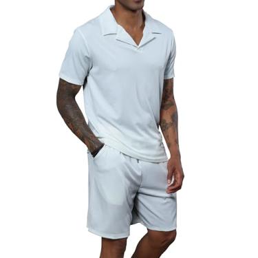 Imagem de Uni Clau Conjunto de shorts masculinos de 2 peças, camisa polo de manga curta, moda de verão, casual, conjunto de shorts e branco, 2 GG, Branco-1, GG
