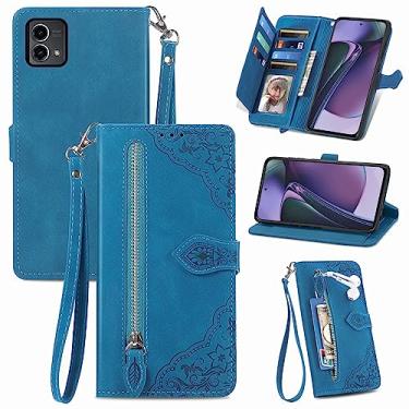 Imagem de Furiet Capa carteira compatível com Motorola Moto G Stylus 5G 2023 com cordão de pulso e suporte de cartão flip de couro, acessórios de celular, capa para celular para GStylus G5 feminina, azul