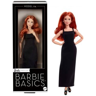 Imagem de Boneca colecionável Barbie Basics Model 04 com cabelo cacheado ruivo, vestido preto e corpo articulado petite 2025