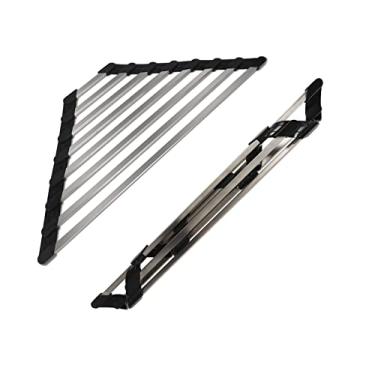 Imagem de Escorredor de pratos triangular para pia de canto, escorredor de louça, dobrável, de aço inoxidável, multiuso, tapete escorredor de pratos para cozinha (preto rígido e estável)