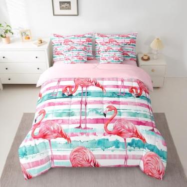 Imagem de Erosebridal Conjunto de edredom queen flamingo com 7 peças, cama de animais tropicais em uma bolsa para crianças, adultos, aquarela, rosa, listras verdes, reversível, rosa e vida selvagem
