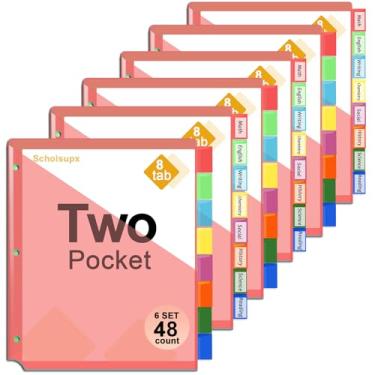 Imagem de SCHOLSUPX plástico 8 abas 6 conjuntos de divisores de fichário, índice de dois bolsos tamanho de letra divisor para 3 fichários, divisores de assuntos protetores de folhas de 3 furos para es