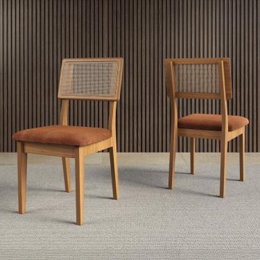 Imagem de Kit 2 Cadeiras Estofadas Encosto Telado Estrutura 100% Mdf Tecido Cesare Freijó Madeirado/Terracota