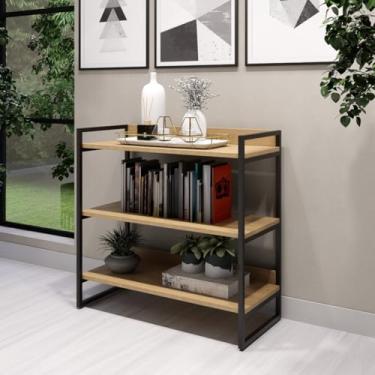 Imagem de Estante Moderna Industrial, 3 Prateleiras, Estrutura em Metal Preto e Madeira, para Sala e Escritório