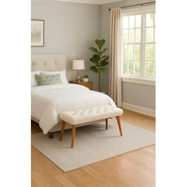 Imagem de Banqueta Retangular para Cama Capitonê Estofada Areia Banco Pés de Madeira Compacto Decorativo