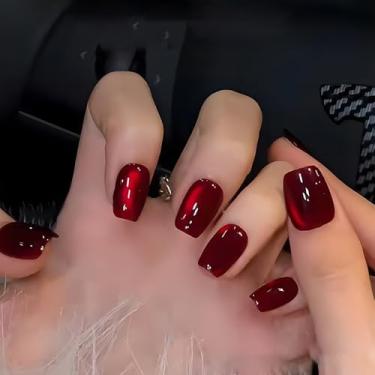 Imagem de Unhas postiças curtas quadradas vermelhas com design de olho de gato, cobertura completa, cola em bastão falso artificial em unhas de acrílico para mulheres, casamento, 24 peças